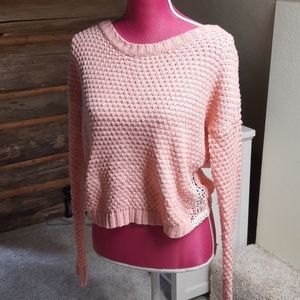 Pink White Lace Crop Sweater